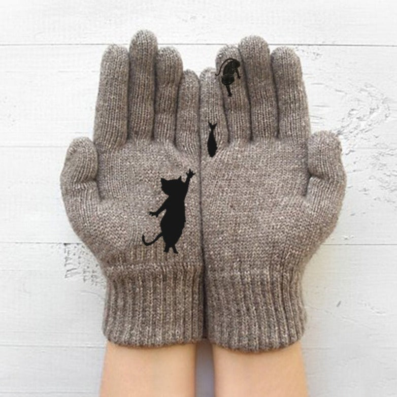 Crestsport™ Cute Cat Print Knitted Thickened Warm Split Finger Gloves