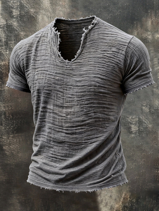 Men's Textured V-Neck Cotton Tee – Relaxed Fit Vintage Summer T-Shirt