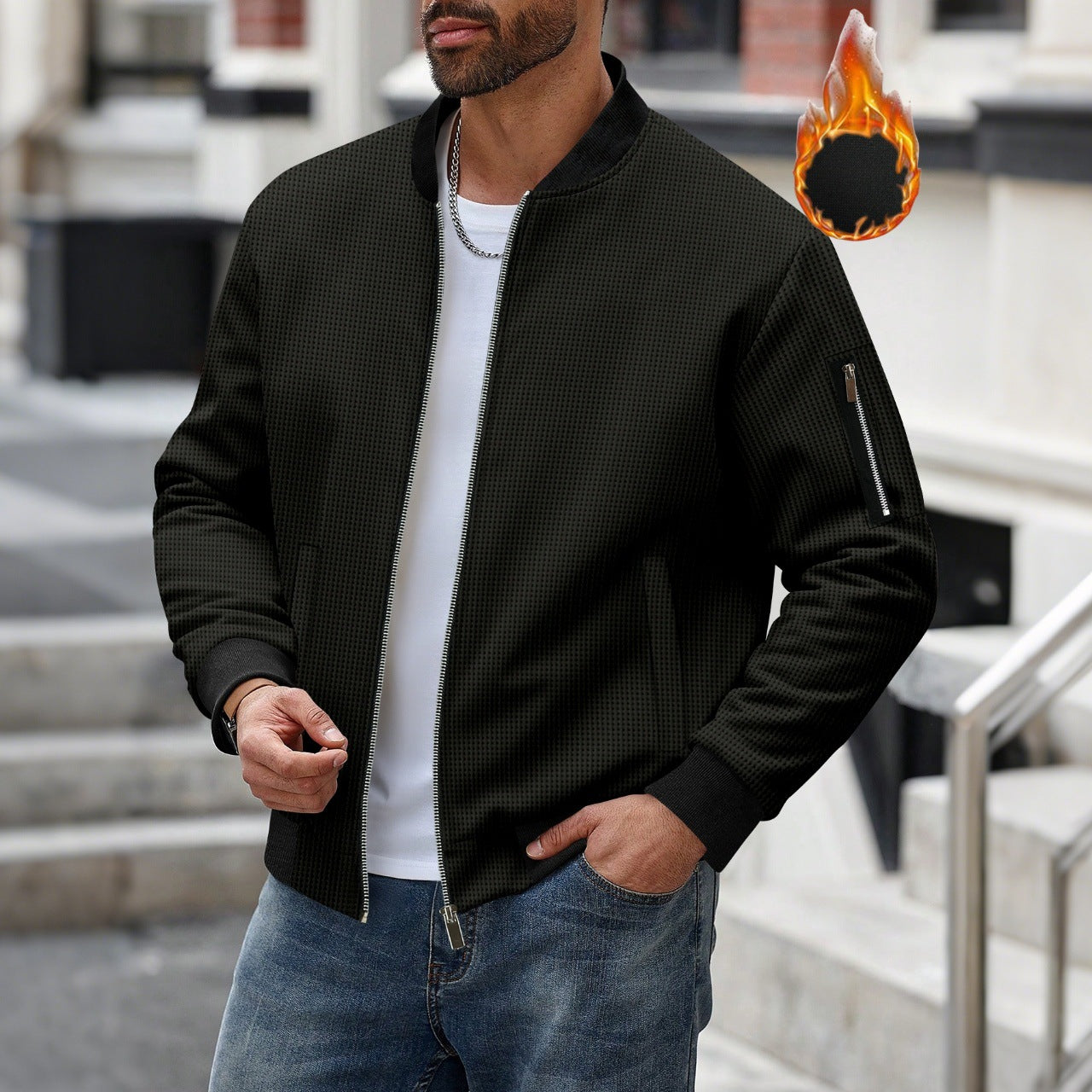 Fleece Bomber Coat – Men's Zip-Up Jacket with Pockets