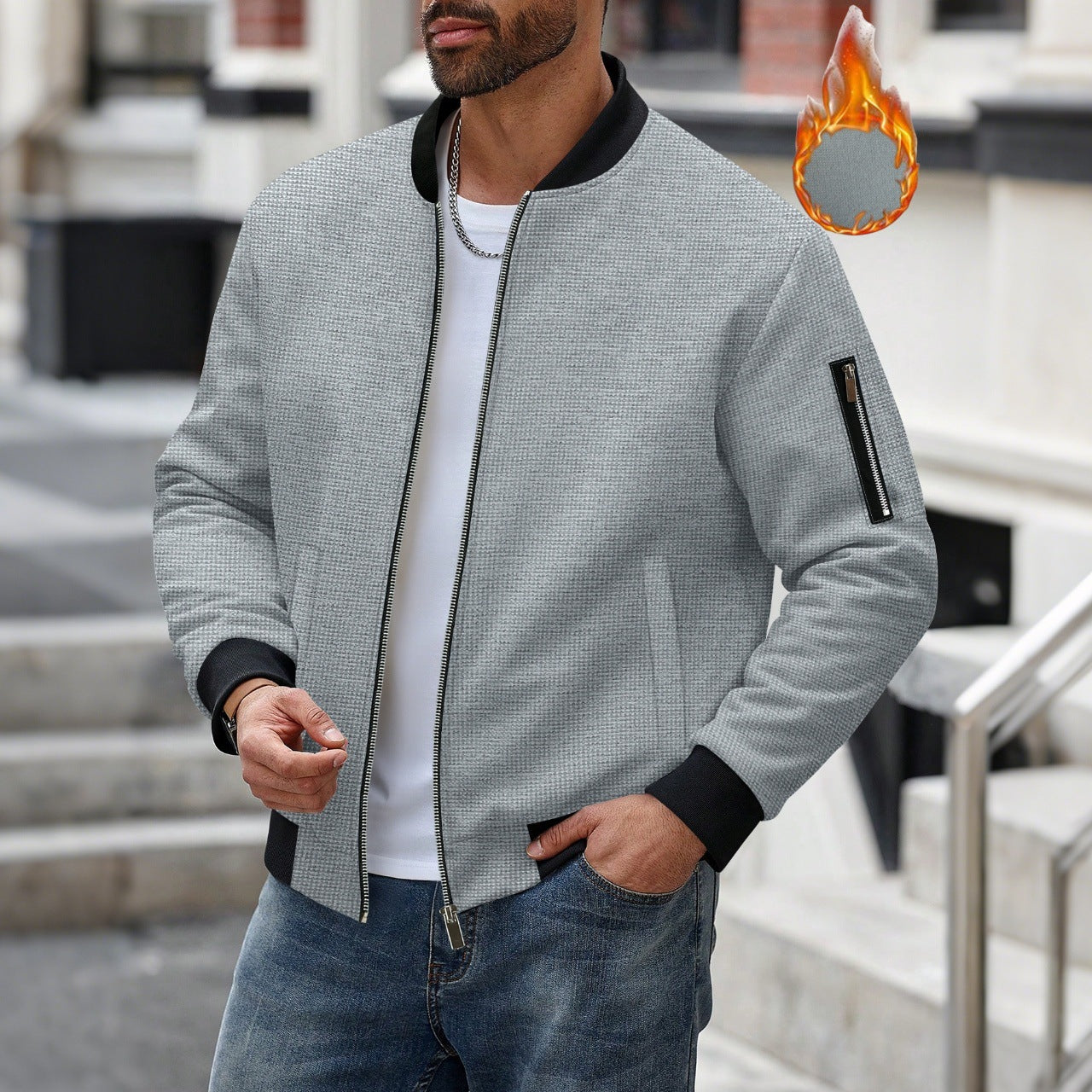 Fleece Bomber Coat – Men's Zip-Up Jacket with Pockets