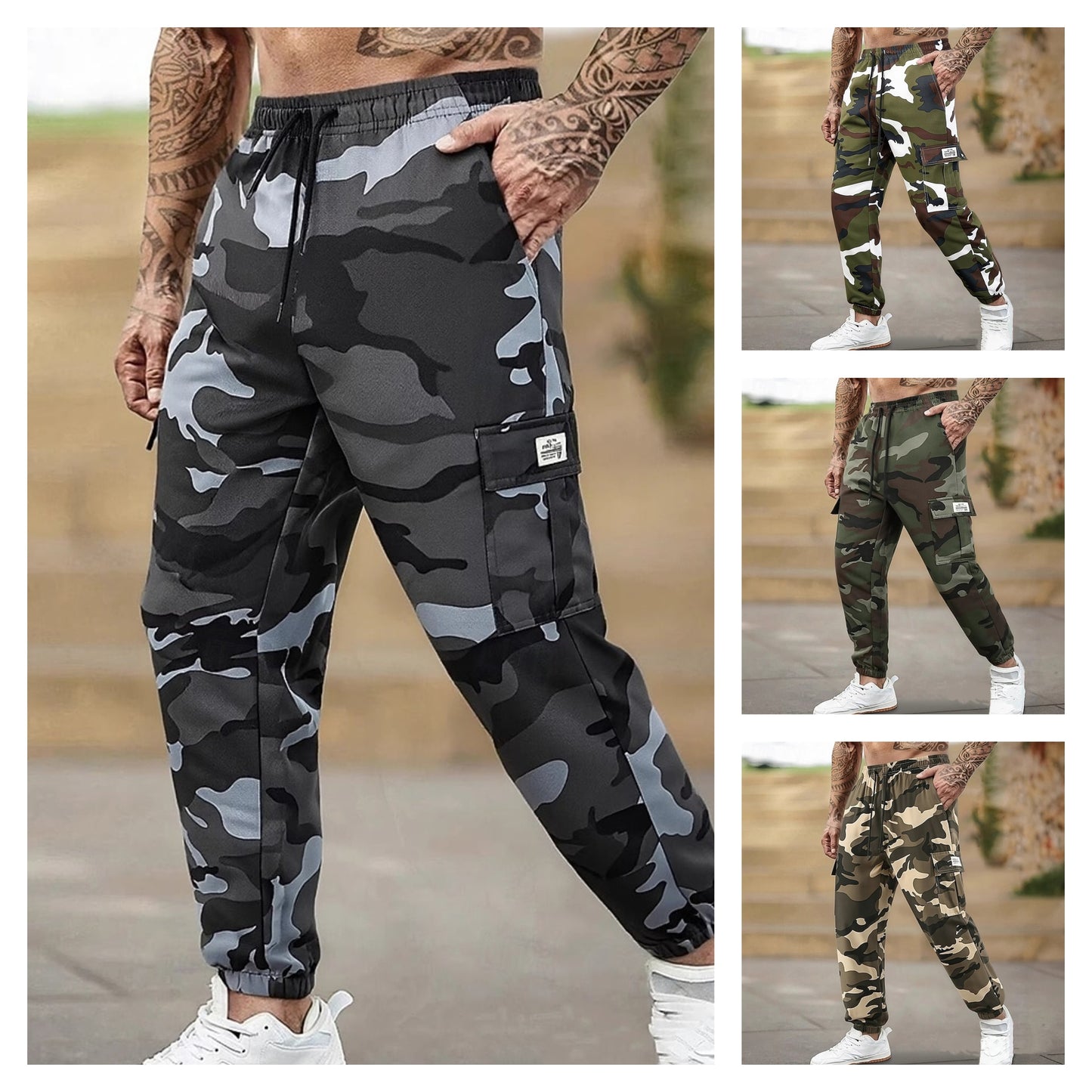 Men's Multi-Pocket Cargo Sweatpants | Casual Drawstring Joggers with Camo Print
