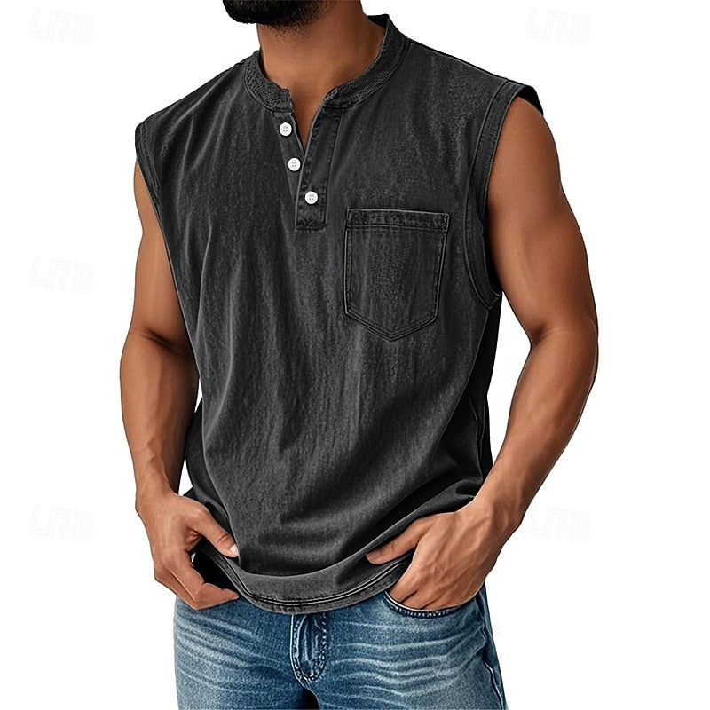 Men’s Acid Wash Cotton Tank – Sleeveless Henley with Pocket & Buttons-Buy 2 Get Free Shipping Today!