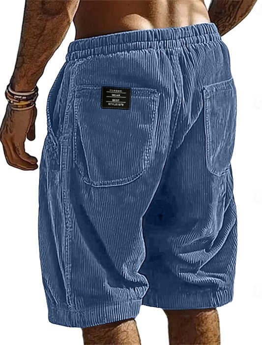 Men's Elastic Waist Corduroy Shorts – Breathable Knee-Length Bottoms with Pockets, Ideal for Vacation, Daily Casual & Outdoor
