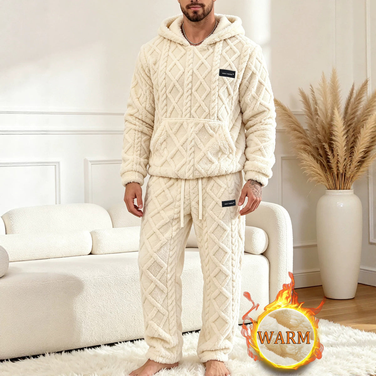 Unisex Cable Knit Sherpa Fleece Hoodie & Jogger Set