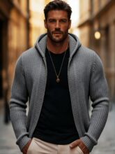 MEN'S BASIC SOLID COLOR SLIM FIT HOODED ZIP-UP KNIT CARDIGAN