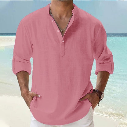 Men's Linen Shirt Popover Shirt Casual Shirt Beach Shirt Band Collar Shirt Plain Beach Vacation Blue Black White Pink Long Sleeve Henley Spring & Summer Clothing Apparel