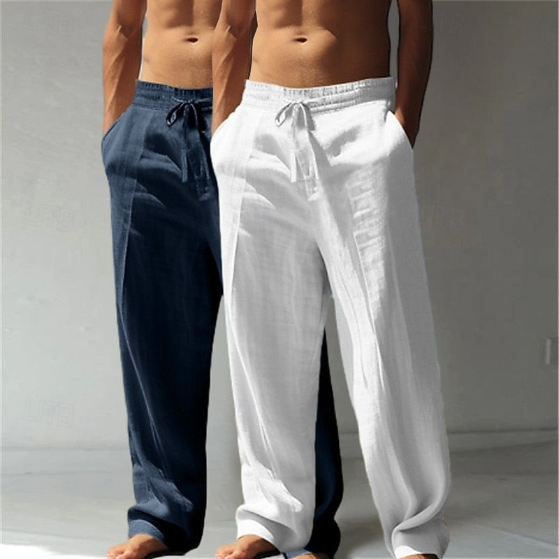 Summer Essential: Men's Linen Beach Pants | Relaxed Baggy Fit | Elastic Drawstring | Breathable Straight Leg | Perfect for Holiday, Daily & Vacation