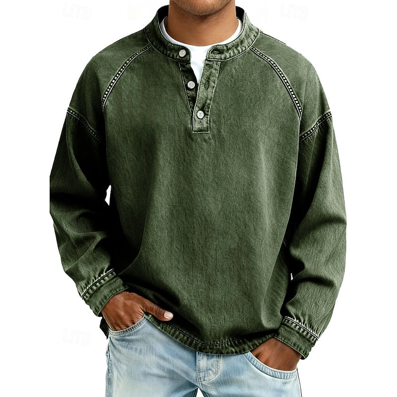 Men's 100% Cotton Acid Wash Long Sleeve Henley Shirt – Vintage Raglan Sleeve Stand Collar Casual Streetwear Top for Spring Fall Winter