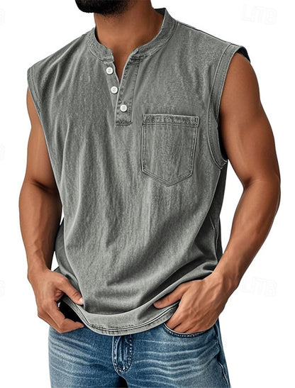 Men’s Acid Wash Cotton Tank – Sleeveless Henley with Pocket & Buttons-Buy 2 Get Free Shipping Today!