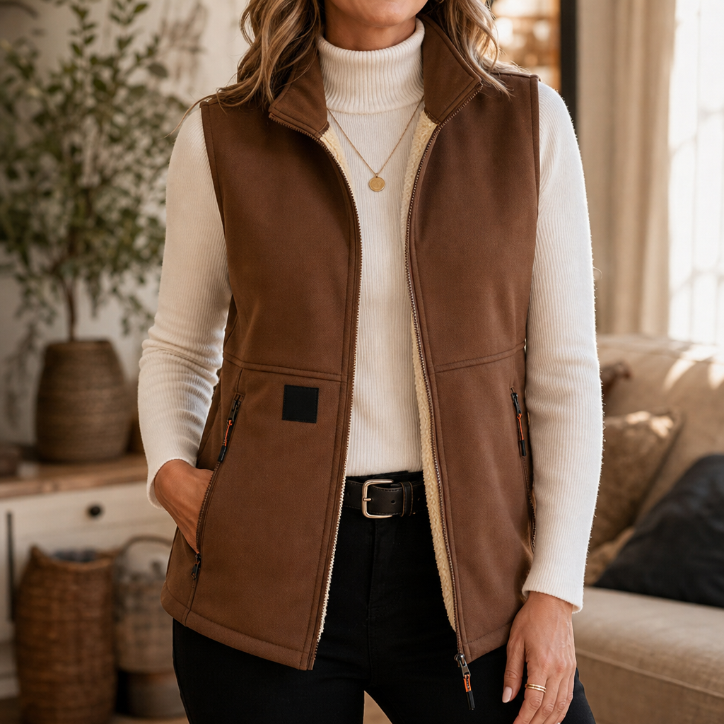Unisex Fleece-Lined Winter Vest, Full-Zip Stand Collar Gilet with Zip Pockets