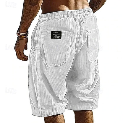 Men's Elastic Waist Corduroy Shorts – Breathable Knee-Length Bottoms with Pockets, Ideal for Vacation, Daily Casual & Outdoor