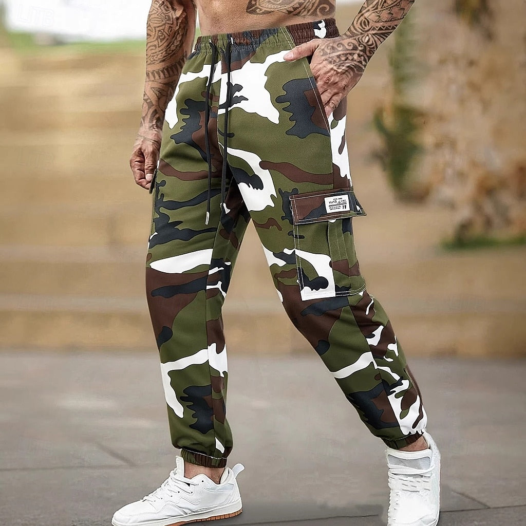 Men's Multi-Pocket Cargo Sweatpants | Casual Drawstring Joggers with Camo Print