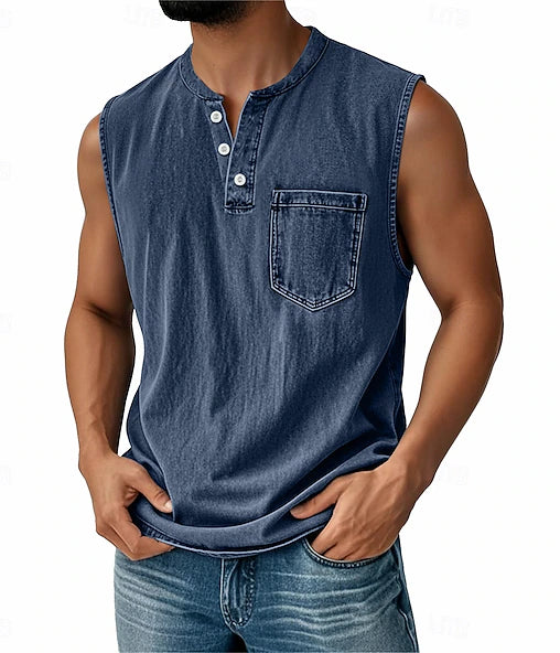 Men’s Acid Wash Cotton Tank – Sleeveless Henley with Pocket & Buttons-Buy 2 Get Free Shipping Today!
