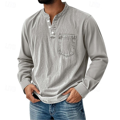 Men’s Acid Wash Cotton Tank – long-Sleeve Henley with Pocket & Buttons