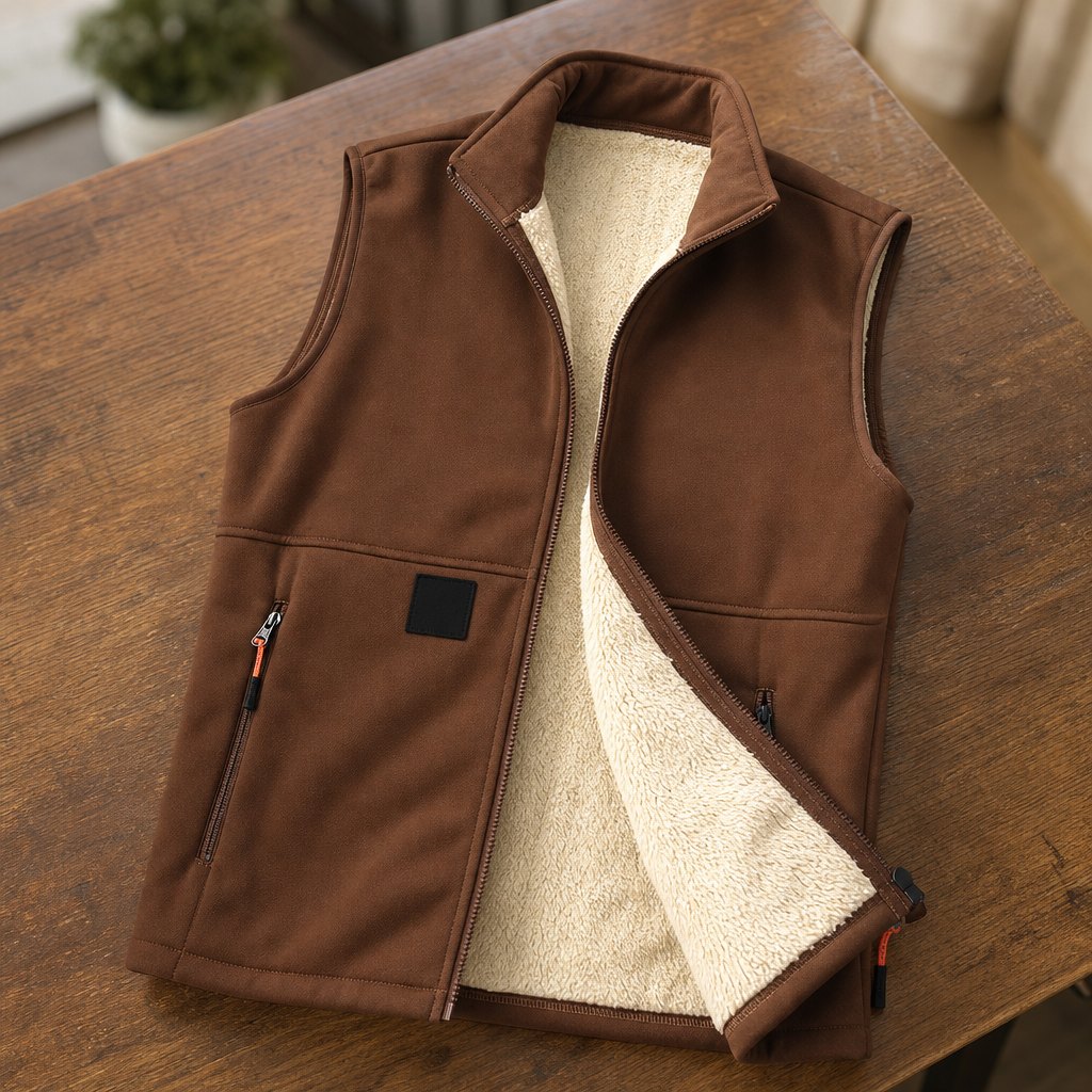 Unisex Fleece-Lined Winter Vest, Full-Zip Stand Collar Gilet with Zip Pockets
