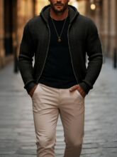 MEN'S BASIC SOLID COLOR SLIM FIT HOODED ZIP-UP KNIT CARDIGAN