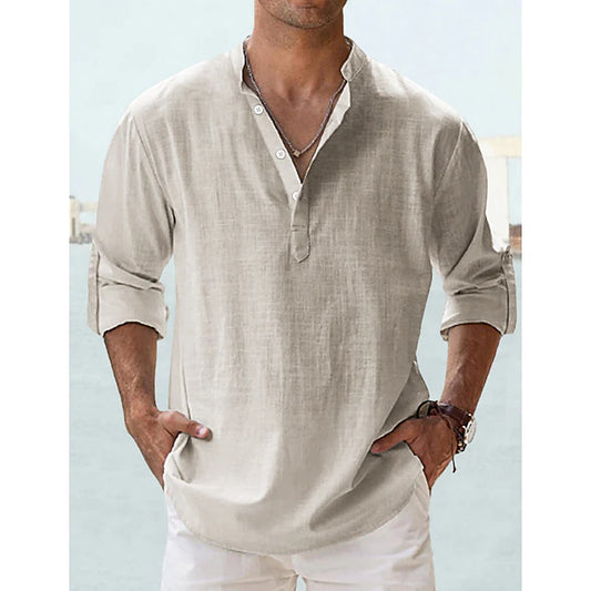 Men's Linen Shirt Popover Shirt Casual Shirt Beach Shirt Band Collar Shirt Plain Beach Vacation Blue Black White Pink Long Sleeve Henley Spring & Summer Clothing Apparel