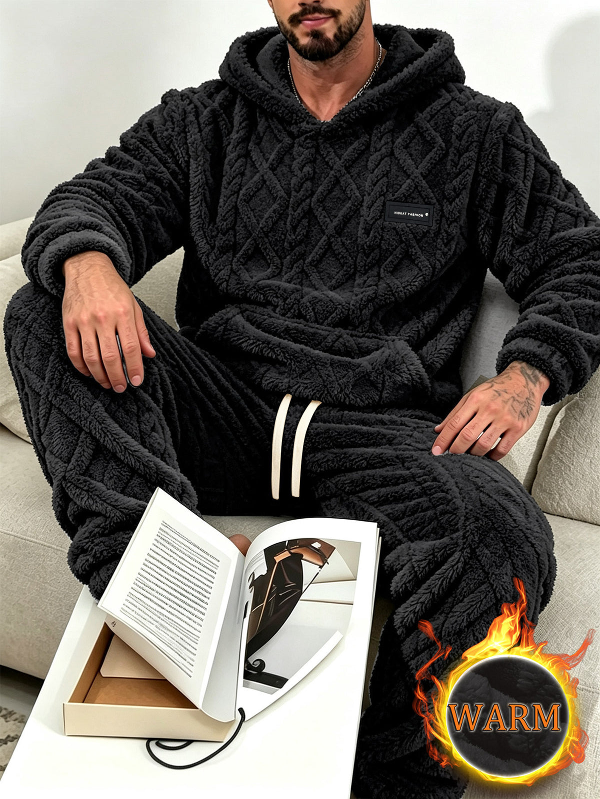Unisex Cable Knit Sherpa Fleece Hoodie & Jogger Set