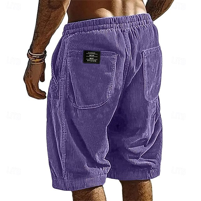 Men's Elastic Waist Corduroy Shorts – Breathable Knee-Length Bottoms with Pockets, Ideal for Vacation, Daily Casual & Outdoor