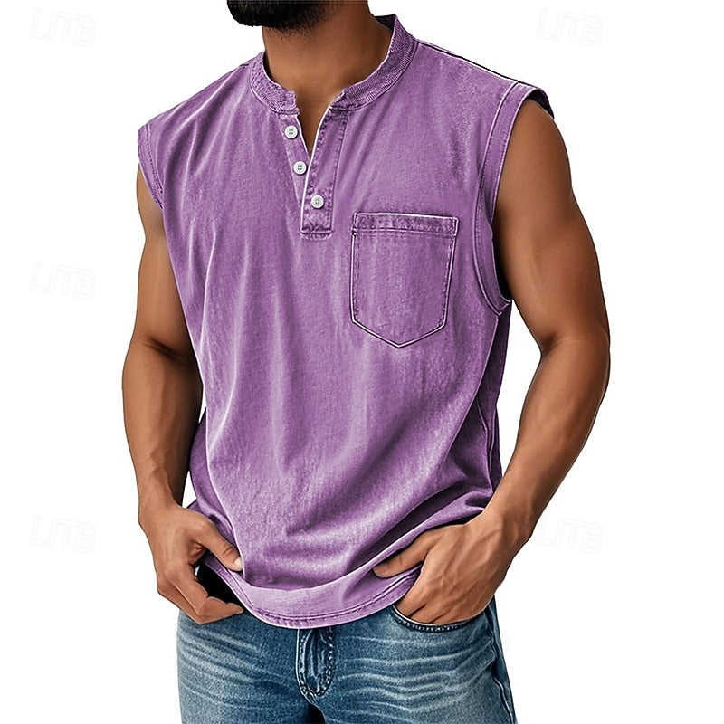 Men’s Acid Wash Cotton Tank – Sleeveless Henley with Pocket & Buttons-Buy 2 Get Free Shipping Today!