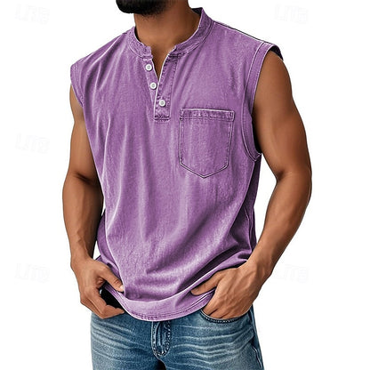 Men’s Acid Wash Cotton Tank – Sleeveless Henley with Pocket & Buttons-Buy 2 Get Free Shipping Today!