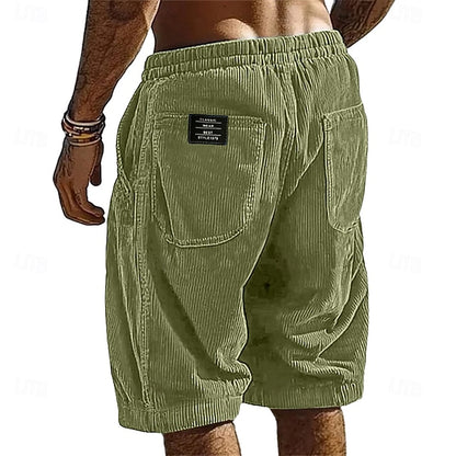 Men's Elastic Waist Corduroy Shorts – Breathable Knee-Length Bottoms with Pockets, Ideal for Vacation, Daily Casual & Outdoor