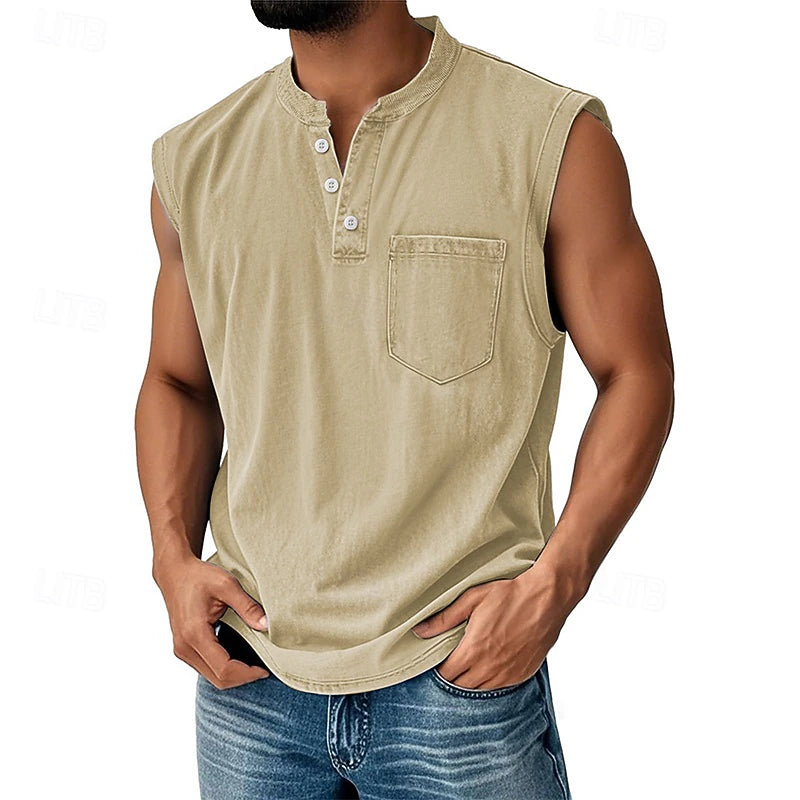 Men’s Acid Wash Cotton Tank – Sleeveless Henley with Pocket & Buttons-Buy 2 Get Free Shipping Today!