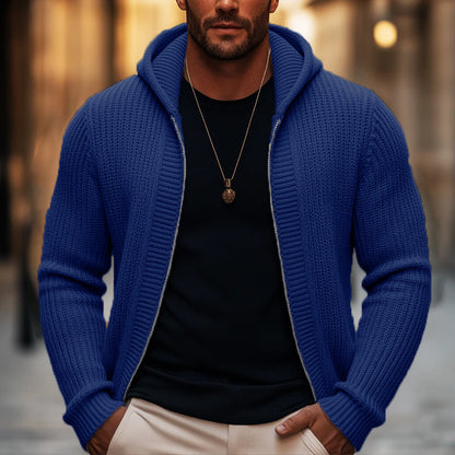 MEN'S BASIC SOLID COLOR SLIM FIT HOODED ZIP-UP KNIT CARDIGAN
