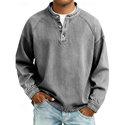 Men's 100% Cotton Acid Wash Long Sleeve Henley Shirt – Vintage Raglan Sleeve Stand Collar Casual Streetwear Top for Spring Fall Winter