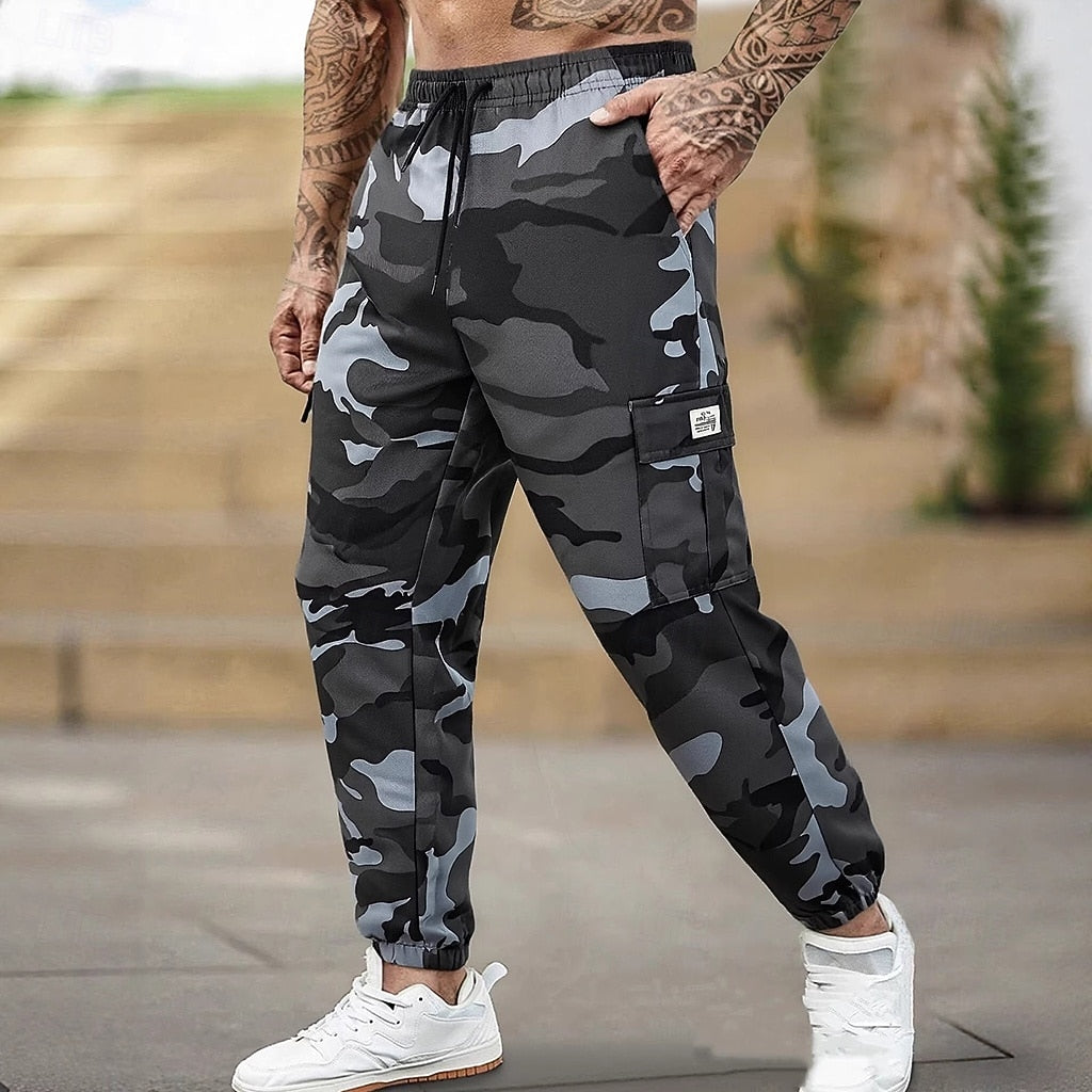 Men's Multi-Pocket Cargo Sweatpants | Casual Drawstring Joggers with Camo Print
