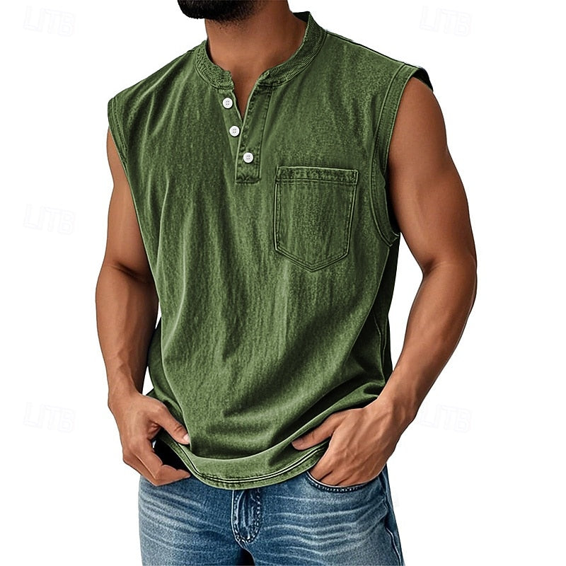 Men’s Acid Wash Cotton Tank – Sleeveless Henley with Pocket & Buttons-Buy 2 Get Free Shipping Today!