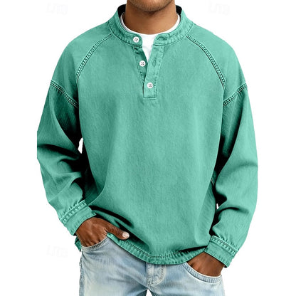 Men's 100% Cotton Acid Wash Long Sleeve Henley Shirt – Vintage Raglan Sleeve Stand Collar Casual Streetwear Top for Spring Fall Winter