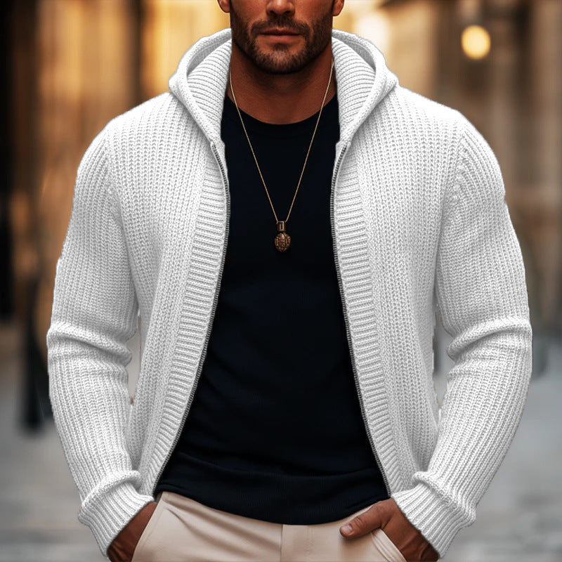 MEN'S BASIC SOLID COLOR SLIM FIT HOODED ZIP-UP KNIT CARDIGAN
