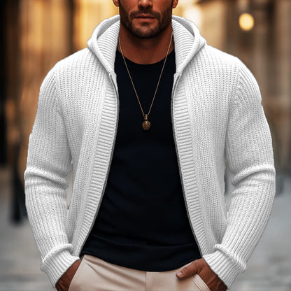 MEN'S BASIC SOLID COLOR SLIM FIT HOODED ZIP-UP KNIT CARDIGAN