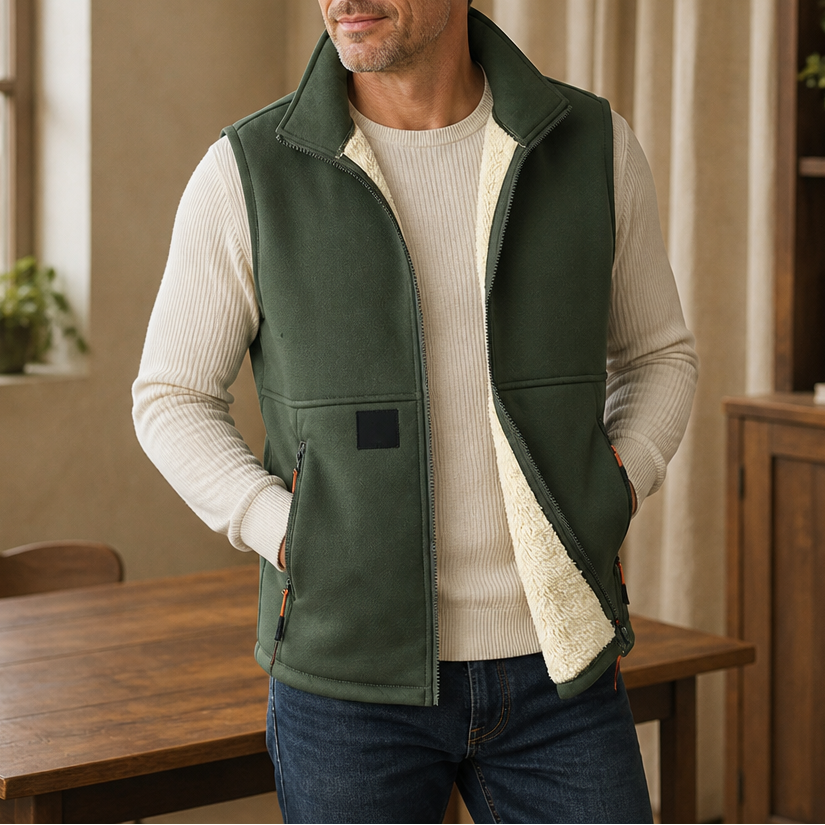 Unisex Fleece-Lined Winter Vest, Full-Zip Stand Collar Gilet with Zip Pockets