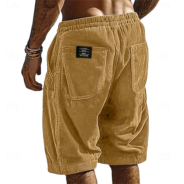 Men's Elastic Waist Corduroy Shorts – Breathable Knee-Length Bottoms with Pockets, Ideal for Vacation, Daily Casual & Outdoor