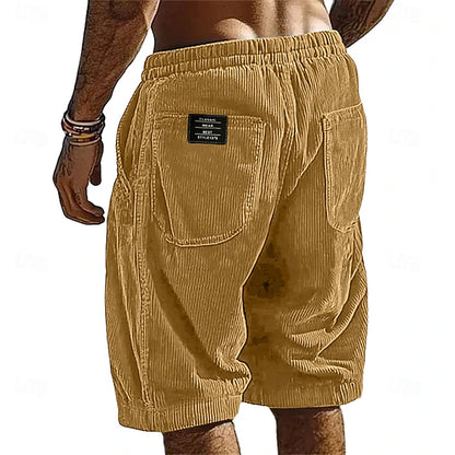 Men's Elastic Waist Corduroy Shorts – Breathable Knee-Length Bottoms with Pockets, Ideal for Vacation, Daily Casual & Outdoor
