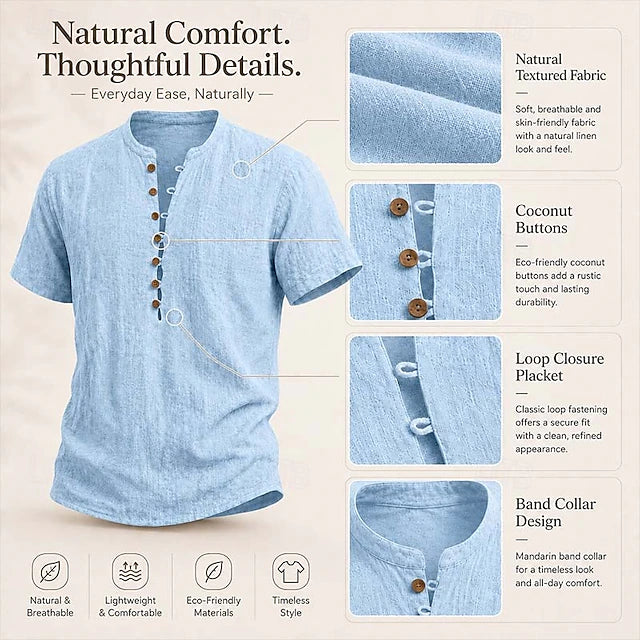 Men's Linen Popover Summer Shirt | Breathable Casual Short Sleeve