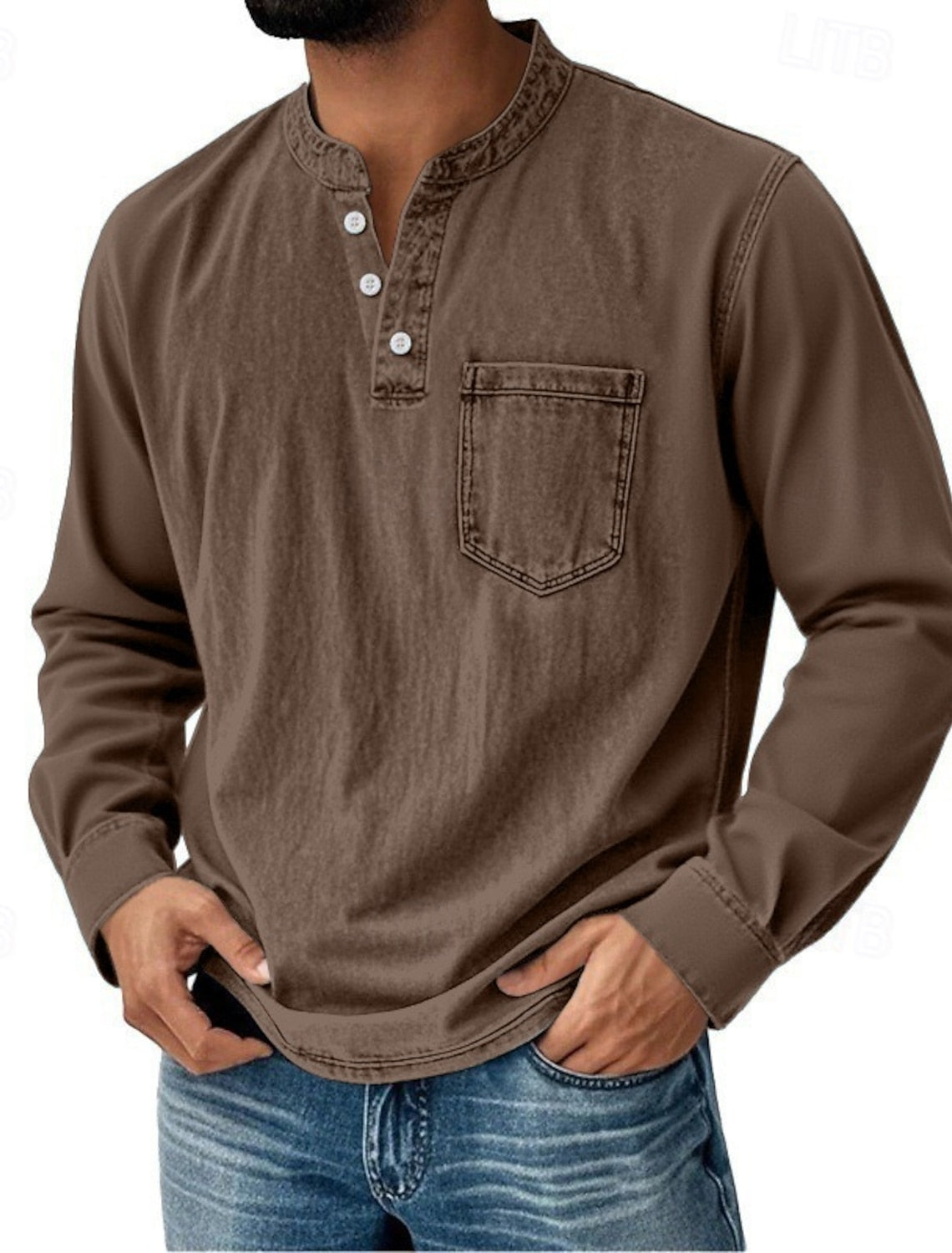 Men’s Acid Wash Cotton Tank – long-Sleeve Henley with Pocket & Buttons