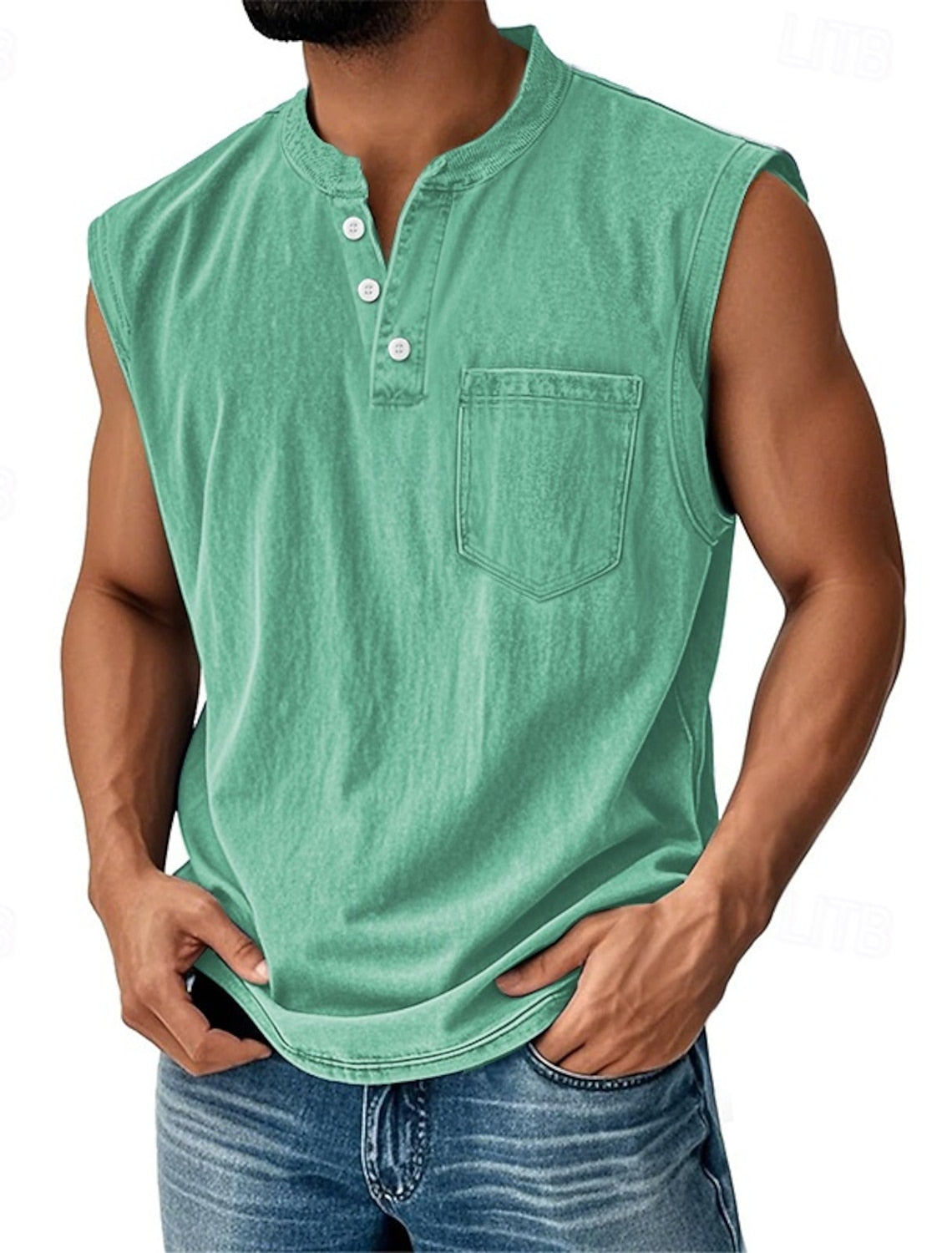 Men’s Acid Wash Cotton Tank – Sleeveless Henley with Pocket & Buttons-Buy 2 Get Free Shipping Today!