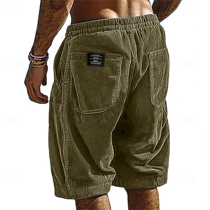 Men's Elastic Waist Corduroy Shorts – Breathable Knee-Length Bottoms with Pockets, Ideal for Vacation, Daily Casual & Outdoor