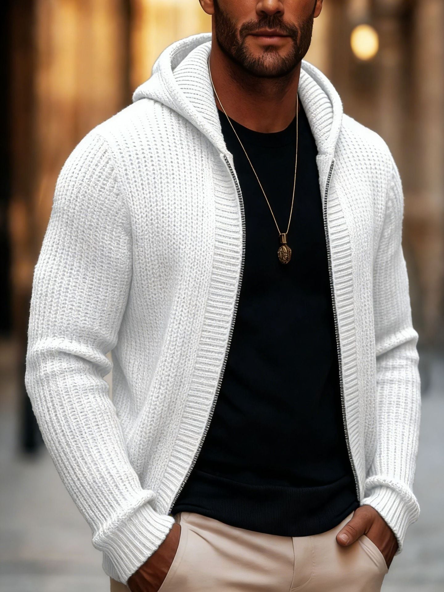 MEN'S BASIC SOLID COLOR SLIM FIT HOODED ZIP-UP KNIT CARDIGAN