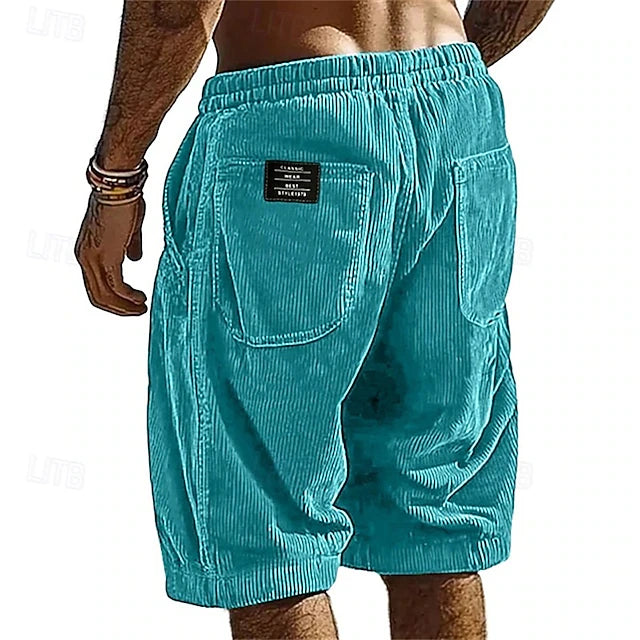 Men's Elastic Waist Corduroy Shorts – Breathable Knee-Length Bottoms with Pockets, Ideal for Vacation, Daily Casual & Outdoor