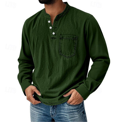 Men’s Acid Wash Cotton Tank – long-Sleeve Henley with Pocket & Buttons