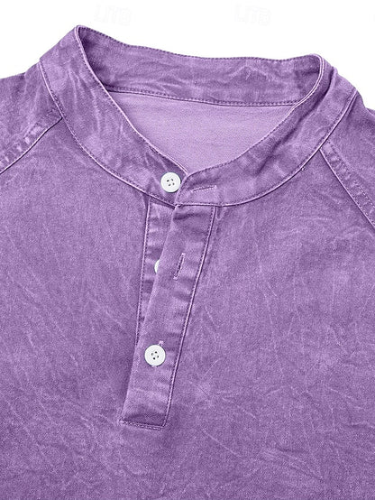 Men's 100% Cotton Acid Wash Long Sleeve Henley Shirt – Vintage Raglan Sleeve Stand Collar Casual Streetwear Top for Spring Fall Winter
