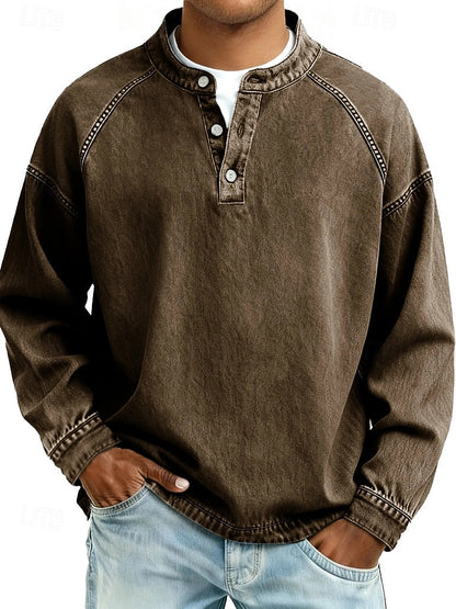 Men's 100% Cotton Acid Wash Long Sleeve Henley Shirt – Vintage Raglan Sleeve Stand Collar Casual Streetwear Top for Spring Fall Winter
