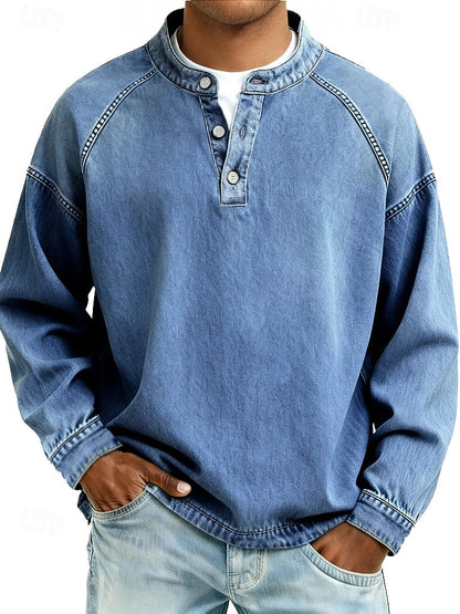 Men's 100% Cotton Acid Wash Long Sleeve Henley Shirt – Vintage Raglan Sleeve Stand Collar Casual Streetwear Top for Spring Fall Winter