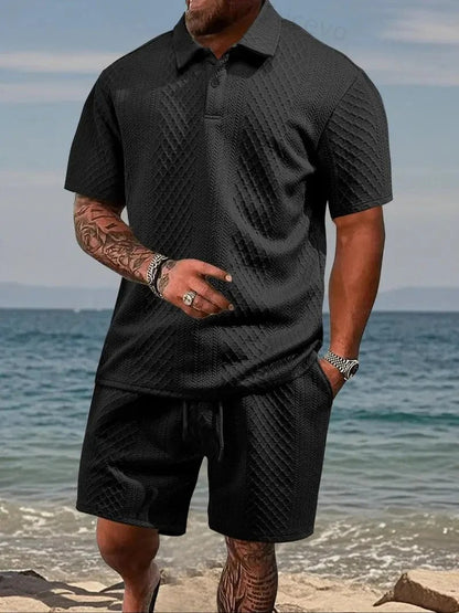 Men's 2-Piece Polo Shirt & Shorts Set Solid Casual Drawstring