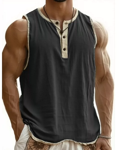 Men's Sleeveless Henley Top – Buttons, Soft Cotton, Perfect for Beach or Street