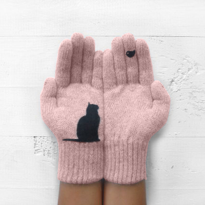Cute Cat Print Knitted Thickened Warm Split Finger Gloves